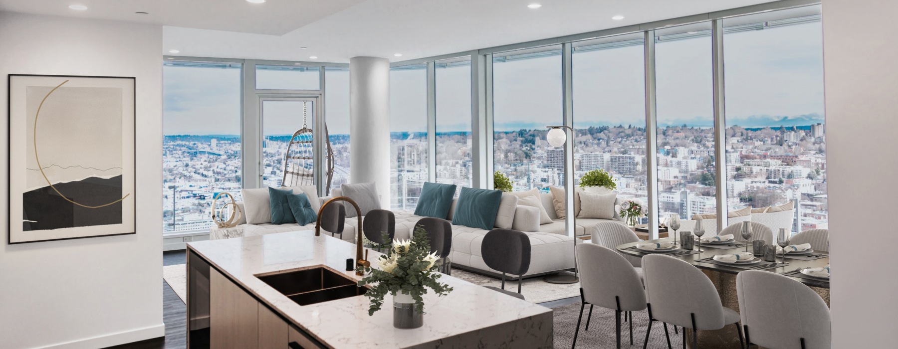 Penthouse 4004 kitchen island with quartz countertops, dining area and floor to ceiling windows with private wraparound terrace and views of South Lake Union.