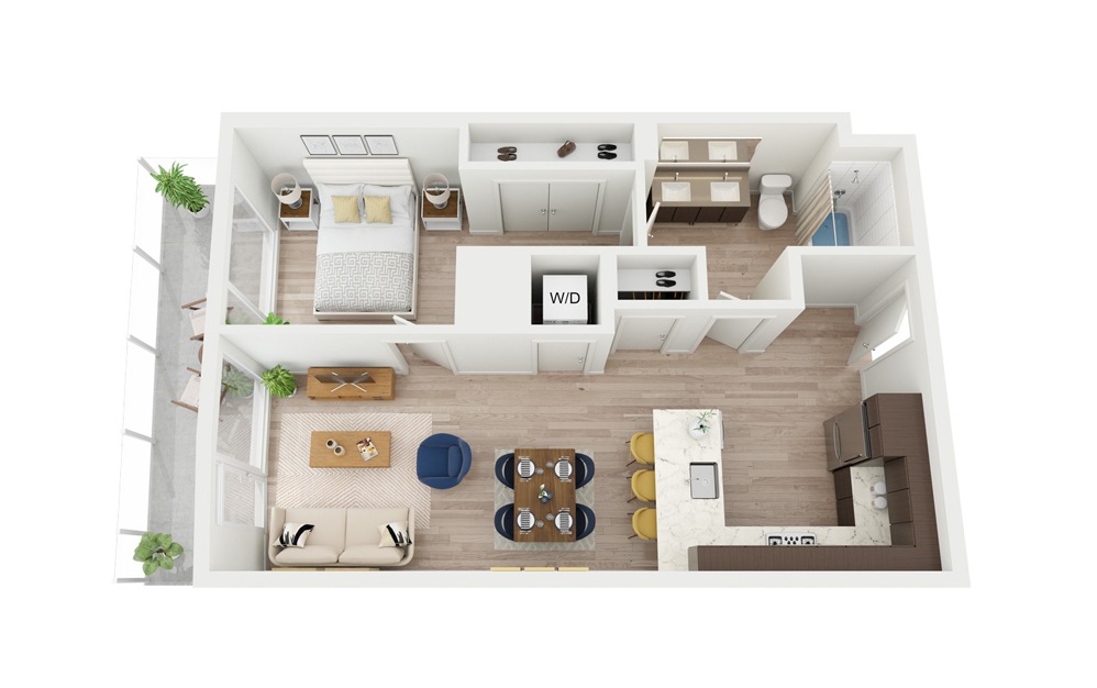 B8 - 1 bedroom floorplan layout with 1 bathroom and 672 square feet