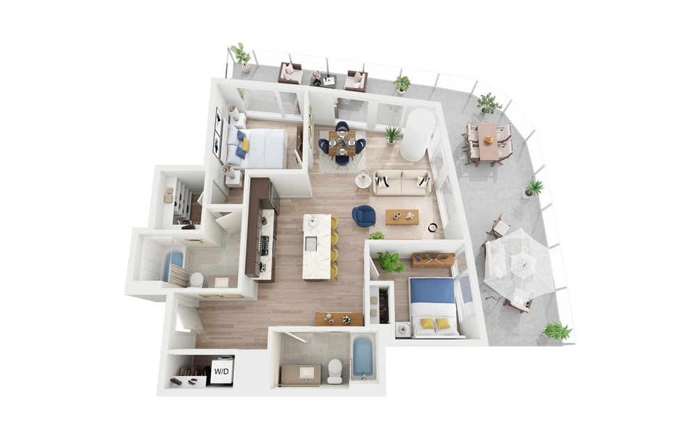 C1 - 2 bedroom floorplan layout with 2 bathrooms and 947 square feet